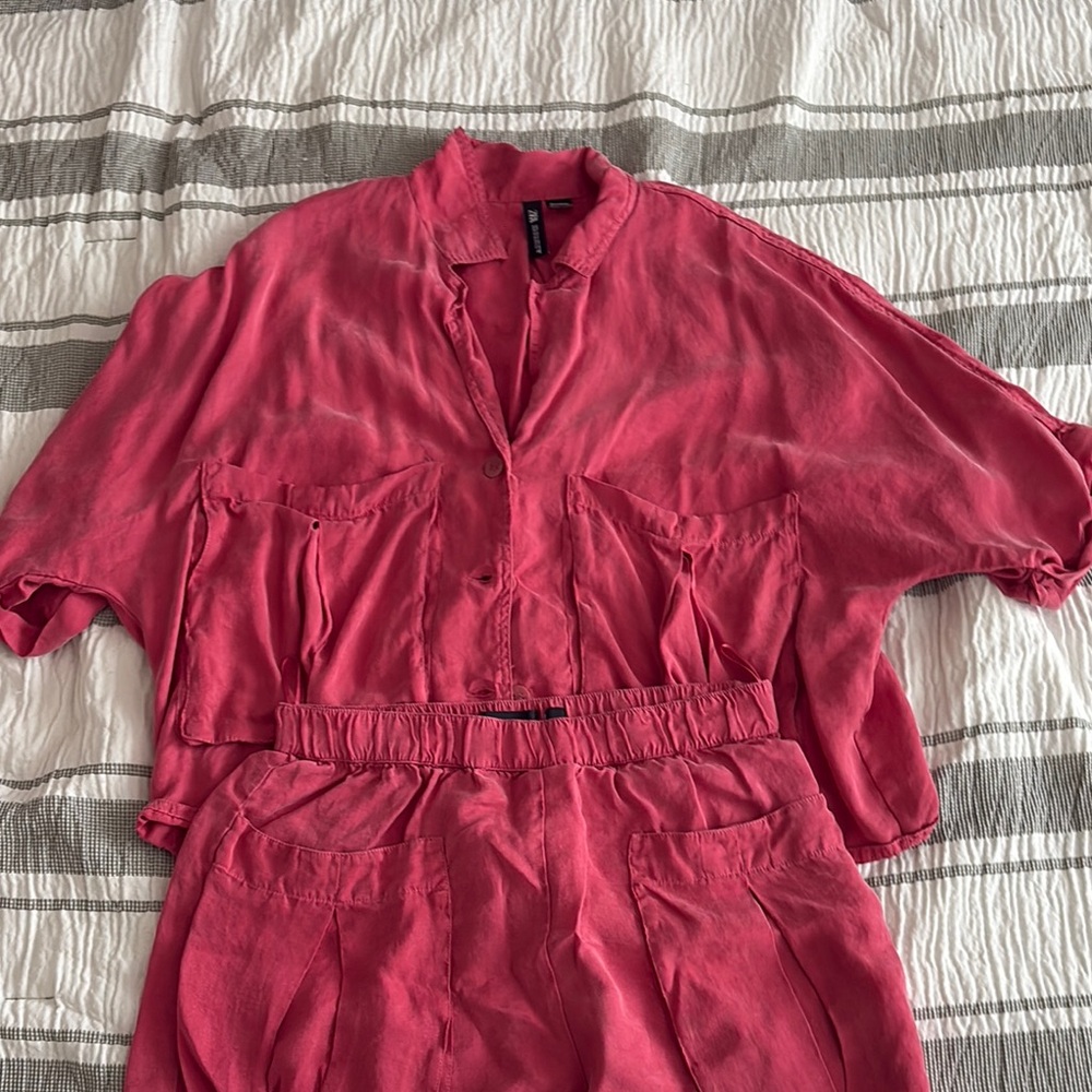 Zara Vibrant Pink Button-Up Shirt and Pants Set